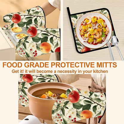 Apple Flower Oven Mitts & Potholder Set of 4 - Heat Resistant Kitchen Gloves Hot Pads for Baking, Cooking, Gifts for Women