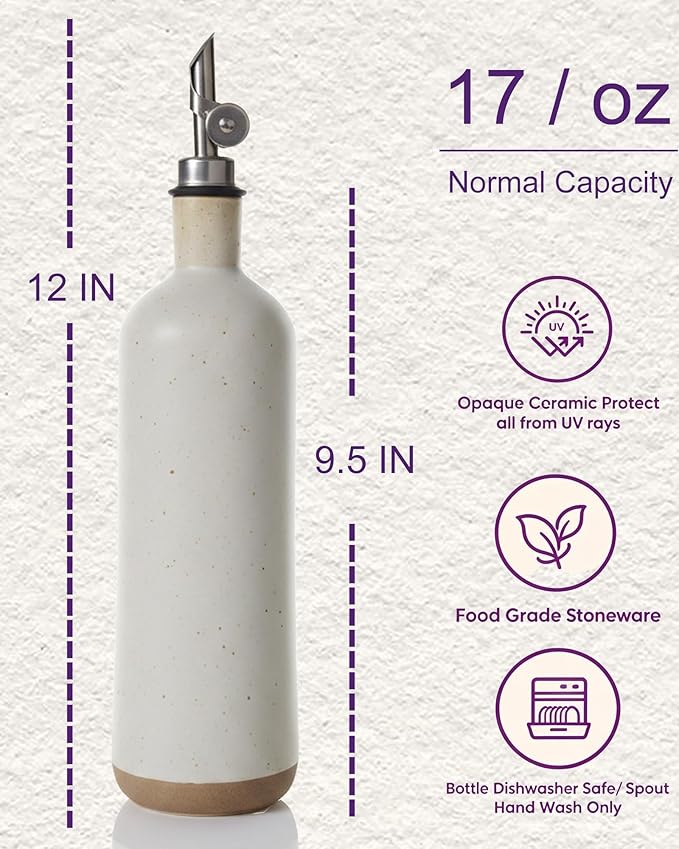 18 oz Stonaeware Olive Oil Dispenser Bottle, 500 ml Ceramic Oil Bottle with Stainless Automatic Spout – Leak-Proof Cruet for Kitchen, Cooking, Salad, BBQ, Frying - Cream & Clay