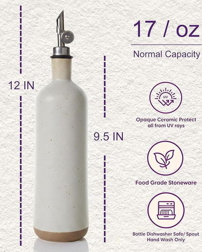 18 oz Stonaeware Olive Oil Dispenser Bottle, 500 ml Ceramic Oil Bottle with Stainless Automatic Spout – Leak-Proof Cruet for Kitchen, Cooking, Salad, BBQ, Frying - Cream & Clay