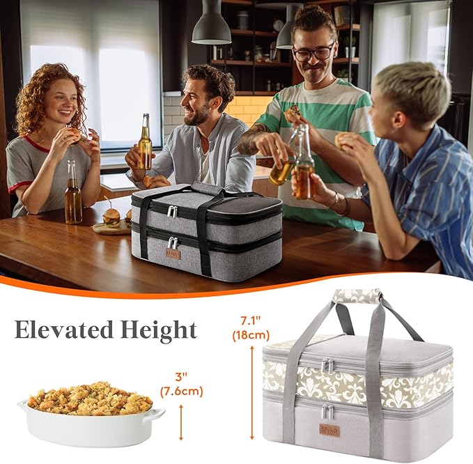 Lifewit Insulated Double Decker Casserole Carrier, Expandable Lasagna Lugger Tote Bag for Hot or Cold Food, Fits 9" x 13" Baking Dish for Potluck Parties, Picnic and Cookouts, Grey-Flowers