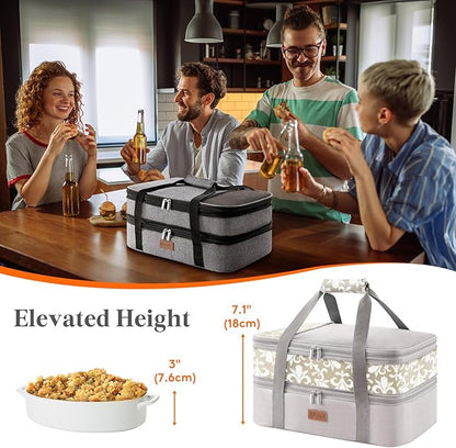 Lifewit Insulated Double Decker Casserole Carrier, Expandable Lasagna Lugger Tote Bag for Hot or Cold Food, Fits 9" x 13" Baking Dish for Potluck Parties, Picnic and Cookouts, Grey-Flowers