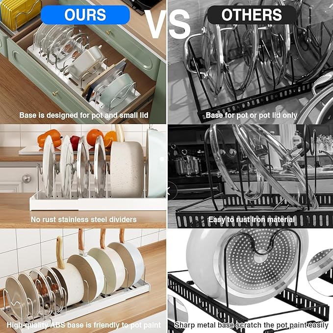 Mustorn Pots and Pans Organizer Under Cabinet, 22" Expandable Food Storage Container Lid Organizers with 9 Adjustable Dividers Pot and Pan Lid Holders Rack Inside Cabinet/Countertop(1 Pack, White) - Image 5