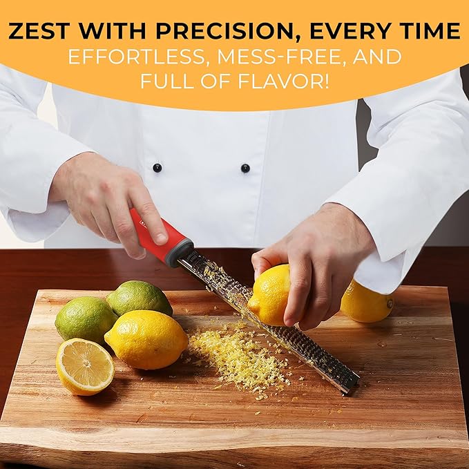Orblue Lemon Zester & Cheese Grater - Premium Citrus Zester, Kitchen Grater for Parmesan, Chocolate, Fruits, Vegetables, Ginger, Garlic, Nutmeg - Stainless Steel Blades with Protective Cover, Red - Image 3
