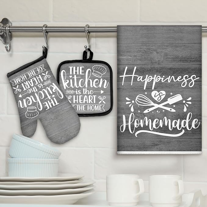 Sratte 6 Pcs Kitchen Decor Accessories Set Farmhouse Towels Pot Holders Oven Mitts Set 2 Dish Towels 2 Potholders 2 Cooking Mittens Oven Glove for Christmas Baking Cooking (Dark Gray) - Image 2