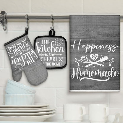 Sratte 6 Pcs Kitchen Decor Accessories Set Farmhouse Towels Pot Holders Oven Mitts Set 2 Dish Towels 2 Potholders 2 Cooking Mittens Oven Glove for Christmas Baking Cooking (Dark Gray) - Image 2