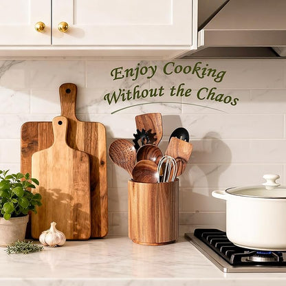 Criusia Utensil Holder 2 Pack, 360° Rotating Acacia Wood Cooking Utensil Crocks for Kitchen Counter, Farmhouse & Modern Decor, (2 Large) - Image 3