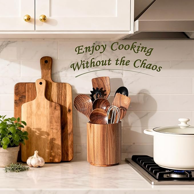 Criusia Utensil Holder 3 Pack, 360° Rotating Acacia Wood Cooking Utensil Crocks for Kitchen Counter, Farmhouse & Modern Decor, (1 Large, 1Medium, 1 Small) - Image 3