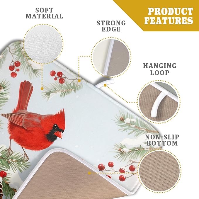 Winter Cardinal Bird Dish Drying Mat for Kitchen Counter 16x18 Christmas Snow Scene Theme Seasonal Absorbent Reversible Microfiber Drying Mats Kitchen Countertop Protector Dishes Drainer Pad - Image 4