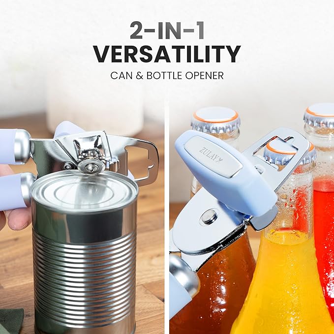 Zulay Kitchen Heavy Duty Stainless Steel Can Opener Manual with Bottle Opener - Rust Proof Manual Can Opener With Turn Knob & Comfy Soft Grip Handles - Light Blue - Image 7