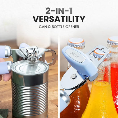 Zulay Kitchen Heavy Duty Stainless Steel Can Opener Manual with Bottle Opener - Rust Proof Manual Can Opener With Turn Knob & Comfy Soft Grip Handles - Light Blue - Image 7