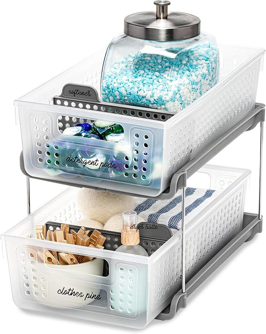 madesmart Premium 2 Tier Organizer, Under Cabinet Storage with Pull Out Sliding Drawers, for Cleaning Supplies, Undersink, Sponges, Bottles & Bath, Adjustable Dividers & Pull Out Baskets, Frost
