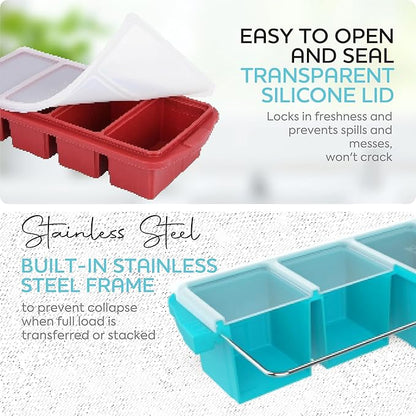 XOMOO Silicone Freezer Tray With Lid - Soup Freezer Container molds - Large Ice Cube Tray- makes 8 perfect 1 cup portions cubes, 2-Pack Freezer Storage Food Soups & Meal Prep - Oven & Dishwasher -Safe