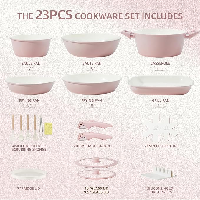 BECIGAR 23pcs Ceramic Pots and Pans Set, Nonstick Detachable Handle Cookware, Induction Kitchen Cooking Set with Removable Handle,include Frying Pans & Saucepans Oven Safe(Pink) - Image 2