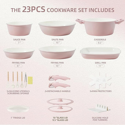 BECIGAR 23pcs Ceramic Pots and Pans Set, Nonstick Detachable Handle Cookware, Induction Kitchen Cooking Set with Removable Handle,include Frying Pans & Saucepans Oven Safe(Pink) - Image 2