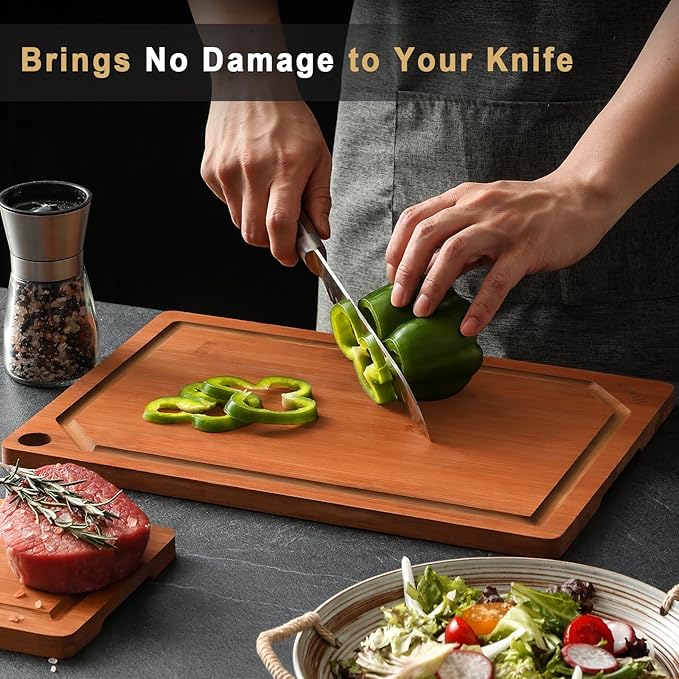 Hiware 4 Pieces Extra Large Wooden Cutting Boards Set- Bamboo Cutting Boards for Kitchen Meal Prep & Serving, Cutting Board with Deep Juice Groove & Built-in Handles, Charcuterie & Chopping Board - Image 6