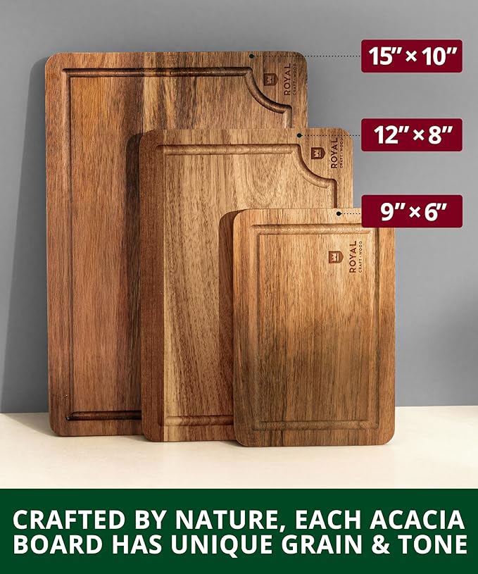 ROYAL CRAFT WOOD Wooden Cutting Boards for Kitchen Meal Prep & Serving - Bamboo Wood Serving Board Set with Deep Juice Groove Side Handles - Charcuterie & Chopping Butcher Block for Meat - Image 4