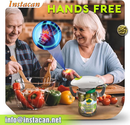 INSTACAN Electric Jar Opener for Seniors with Arthritis, One Touch Automatic Jar Opener for Weak Hands, Easy Open Standard & Vacuum Sealed Kitchen Jars, Auto-Off Design (White)