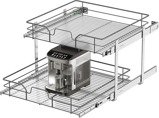 2-Tier Pull Out Cabinet Organizer (23" W x 22" D), Soft Close Cabinet Slide Out Shelves, Heavy Duty Slide Out Drawers with Shelf Liner for Kitchen Cabinets, Pantry Storage, Bathroom