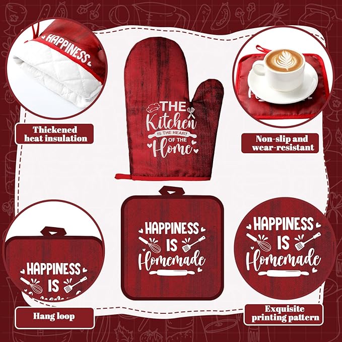 Fourluoo 10 Pcs Farmhouse Kitchen Decor and Accessories Set 4 Kitchen Towels 2 Pot Holders 2 Oven Mitts 2 Rugs for Cooking Baking Mom Housewarming Gifts(Red,Classic Style) - Image 5