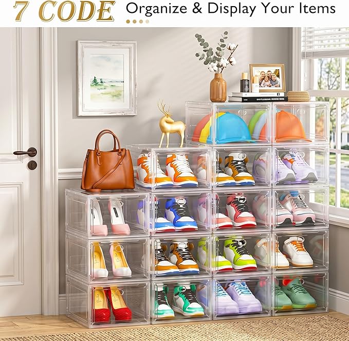 Thickened Clear Shoe Storage Organizer with Magnetic Door, Sturdy Stackable Shoe Boxes for Closet, Collapsible Space-Saving Shoe Rack for Sneakers & Boots, Plastic Shoe Cabinet Box Set, 6 Pack, White