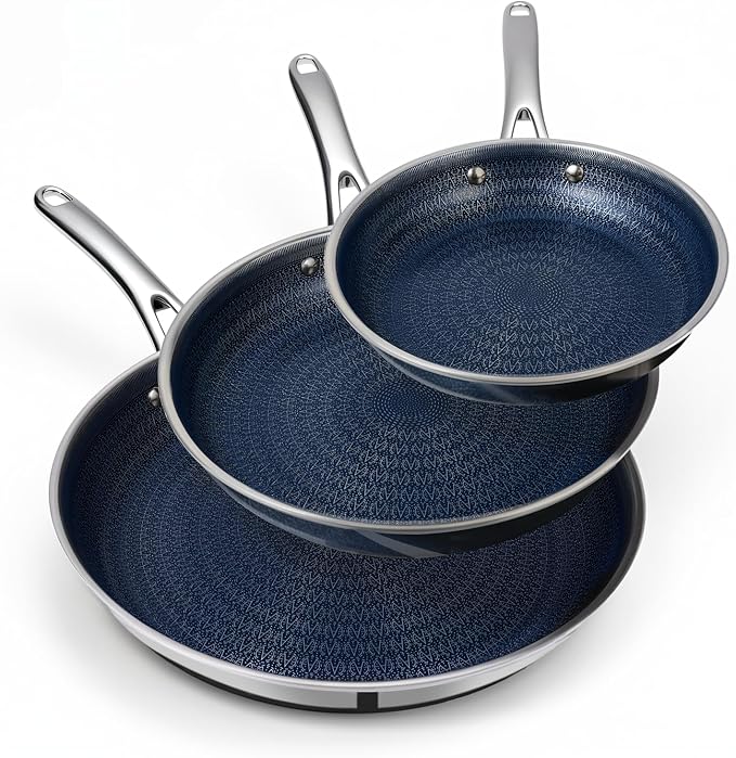 Ammeloo Hybrid Tri-Ply Stainless Steel Frying Pan Set, 8"/9.5"/11" Cooking Pans, Non Stick Frying Pans and Skillets, Chef Pan, Non Toxic, Dishwasher Safe, Induction Compatible, Blue Interior