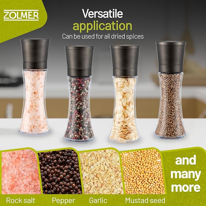 ZOLMER® Premium Gunmetal Salt and Pepper Grinder Set | Large Manual Ceramic Grinder - Big Black Pepper Mill, Salt Grinder, and Chili Mill [No Spices Included]