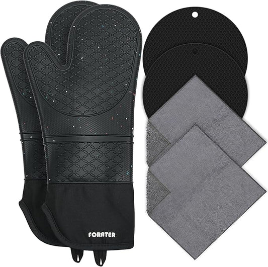 Silicone Oven Mitts 15'' Heat Resistant Flexible Oven Glove Set Hot Mitts with Soft Cotton Lining for Cooking, Baking, and Grilling (Black Mitts+potholders+Kitchen Towels, 15'')