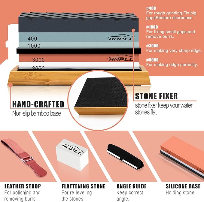 HMPLL Knife Sharpening Stone Set, Professional Whetstone 4 Side Grit 400/1000 3000/8000, Whetstone Knife Sharpener Stone Set Include Non-slip Base, Leather Strop, Flattening Stone & Angle Guide - Image 2