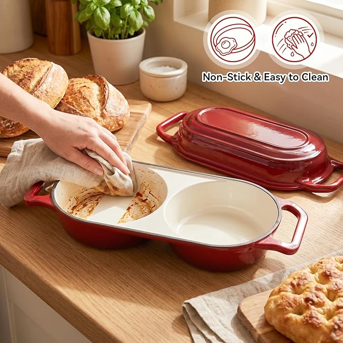 Double Dutch Oven Pot with Lid, Enameled Cast Iron Bread Loaf Pan, Dutch Oven For Sourdough Bread Baking, 500°F Oven Safe Non Stick Dual Round Bread Pan, 16.5cm Diameter Loaf Pans, Red