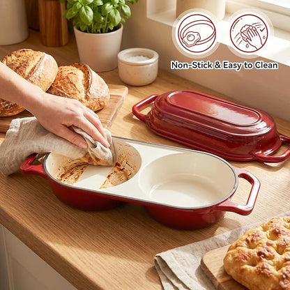 Double Dutch Oven Pot with Lid, Enameled Cast Iron Bread Loaf Pan, Dutch Oven For Sourdough Bread Baking, 500°F Oven Safe Non Stick Dual Round Bread Pan, 16.5cm Diameter Loaf Pans, Red