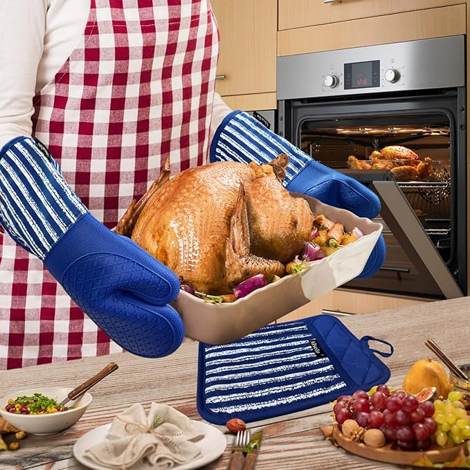Alselo Silicone Oven Mitts Heat Resistant 932℉ with Waterproof & Non-Slip Kitchen Mittens, Set of 2 Extra Long Oven Gloves with Soft Cotton Terry Lining for Baking Cooking Barbecue (Cobait Blue, 2) - Image 4