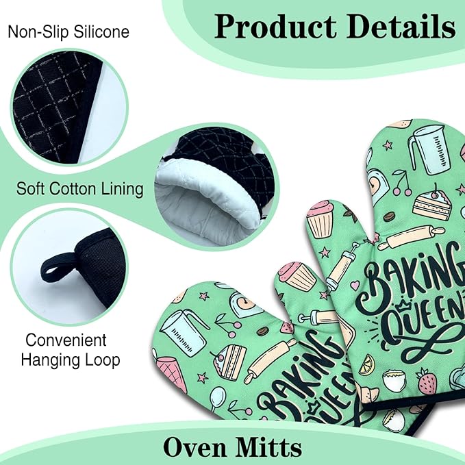 2 Pack Funny Baking Oven Mitts for Women, Baking Queen, Heat Resistant Silicone Non-Slip Mitts, Kitchen Decor Gifts for Bake Lover, Sweet Housewarming Gifts for Hostess Mom Wife Chef Baker