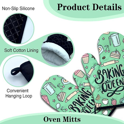 2 Pack Funny Baking Oven Mitts for Women, Baking Queen, Heat Resistant Silicone Non-Slip Mitts, Kitchen Decor Gifts for Bake Lover, Sweet Housewarming Gifts for Hostess Mom Wife Chef Baker