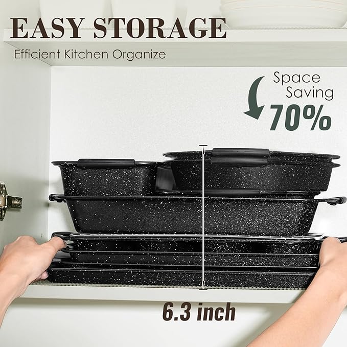 Baking Pans Set Nonstick, Bakeware Sets Stackable with Silicone Handles, AIVIKI 22 Pieces Oven Pan for Cooking Including Baking Cookie Sheet with Rack, Roast Pan, Cake Pan, Loaf Pan, Muffin Pan, Black - Image 7