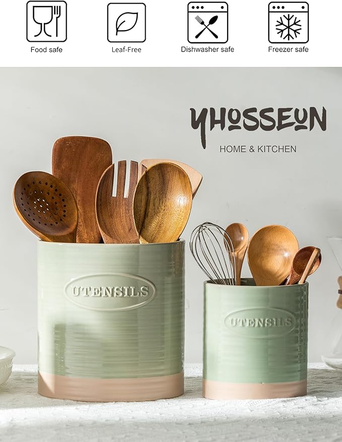 YHOSSEUN Kitchen Utensil Holder, 6.7"+5.1" Ceramic Utensil Holder for Kitchen Counter, Oval Cooking Utensil Crocks for Countertop, Utensil Storage Organizer Set of 2, Green - Image 3