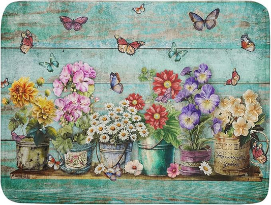 Spring Floral Rustic Dish Drying Mat for Kitchen Counter Absorbent Microfiber Large Drying Pad 18 x 24 Inch Flowers Jars by Giwawa