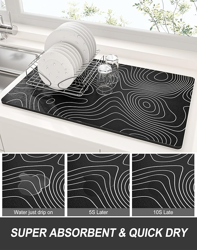 Rnivvi Dish Drying Mat for Kitchen Counter, XL 15 x 24" Cute Marble Super Absorbent Draining Pad, Non-Slip Heat Resistant Coffee Bar Mats for Coffee Machine Station Accessories, Line Art Dish Rack Pad - Image 3