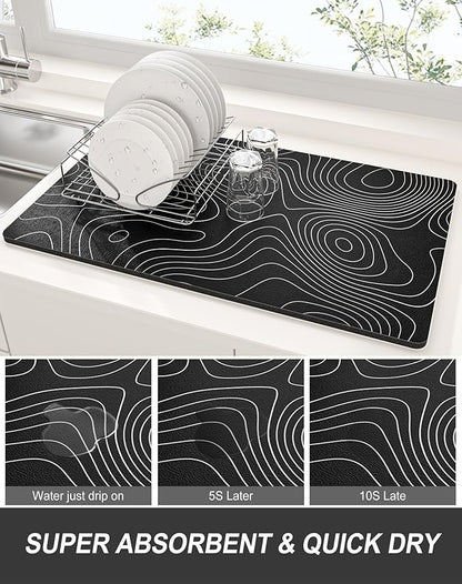 Rnivvi Dish Drying Mat for Kitchen Counter, XL 15 x 24" Cute Marble Super Absorbent Draining Pad, Non-Slip Heat Resistant Coffee Bar Mats for Coffee Machine Station Accessories, Line Art Dish Rack Pad - Image 3