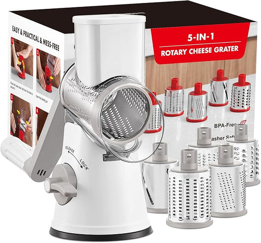GDL Rotary Cheese Grater, Upgraded 5-in-1 Cheese Grater Hand Crank, Multi-purpose Cheese Shredder with Handle, Vegetable Slicer Cutter Ice Shaver for Potato, Carrot, Nuts, Chocolate by GDL
