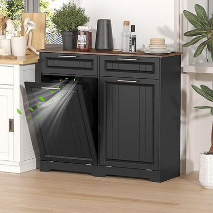 Double 10 Gallon Tilt Out Trash Can Cabinet with Deodorizing Function and Power Outlet, Wooden Hidden Garbage Can Holder with 2 Storage Drawers for Kitchen, Laundry Hamper Cabinet for Bathroom, Black