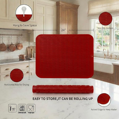 MicoYang Silicone Dish Drying Mat for Multiple Usage,Easy clean,Eco-friendly,Heat-resistant Silicone Mat for Kitchen Counter or Sink,Refrigerator or Drawer Liner Red 2XL 24 inches x 18 inches - Image 2