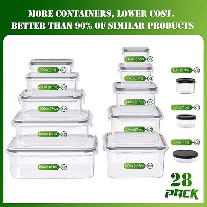 RockBerry 56 PCS Food Storage Containers with Lids Airtight- Plastic Container for Pantry Kitchen Organization-Microwave Dishwasher,Freezer Safe 100% Leak Proof (28 Stackable Boxes-28 Lids) - Image 2
