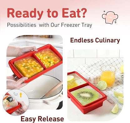 Silicone Freezer Tray with Lid Soup Freezer Container Molds with Steel Reinforced Rim Ice Cube Freezer Molds for Soup, Sauce, Leftovers, Homemade Meal Prep Containers Kitchen Accessories