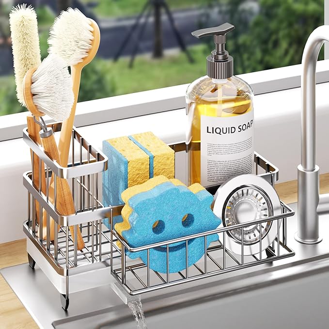 Consumest Sponge Holder for Kitchen Sink - Auto Draining Sink Caddy Organizer with Detachable Rack, High Brush Holder, Kitchen Countertop Storage Accessories, Silver by Consumest