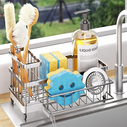 Consumest Sponge Holder for Kitchen Sink - Auto Draining Sink Caddy Organizer with Detachable Rack, High Brush Holder, Kitchen Countertop Storage Accessories, Silver by Consumest