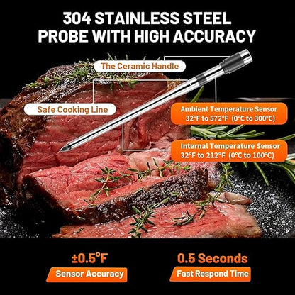 Wireless Meat Thermometer with Smart Timer & APP Control, 800ft Bluetooth Grill Food Thermometer - 0.19In-Ultra Thin Probe, ±0.5℉ Accuracy, Digital Backlit Screen for BBQ, Oven, Smoker, Kitchen