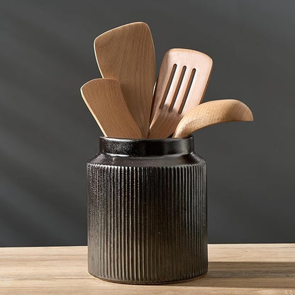 JIEMEI HOME Kitchen Utensil Holder, 6.77" Ceramic Farmhouse Stable Utensil Crock for Countertop, Vintage Style Cooking Tool Organizer with Cork Mat, Spatula Holder For Kitchen Decor, Black by JHJIEMEIHOME