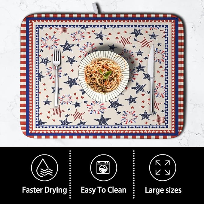 Happy 4th of July Patriotic Dish Drying Mat 18 x 24 Inch US Independence Day Vintage Star Kitchen Drying Mat Blue White Red Dish Drainer Mats Super Absorbent Dish Rack Pad for Coffee Bar Sinks - Image 4