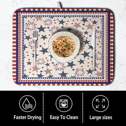 Happy 4th of July Patriotic Dish Drying Mat 18 x 24 Inch US Independence Day Vintage Star Kitchen Drying Mat Blue White Red Dish Drainer Mats Super Absorbent Dish Rack Pad for Coffee Bar Sinks - Image 4