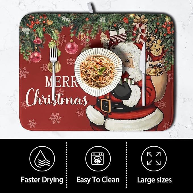 Merry Christmas Dish Drying Mat Santa Claus Kitchen Drainer Mats Microfiber Absorbent Winter Xmas Holiday Dishes Pad Reusable Dish Rack Mat for Countertop Tableware Decor 18x24 Inch - Image 4
